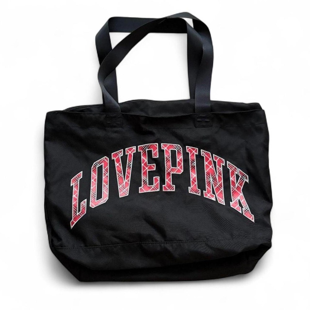 Victoria's Secret PINK Black Plaid Logo Tote Bag Varsity Collegiate Zip Top